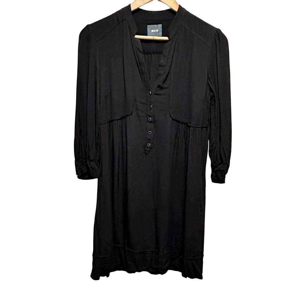 Maeve Shift Dress Womens 8 Black‎ 3/4 Sleeve Henley V-Neck Pockets Mini Tunic